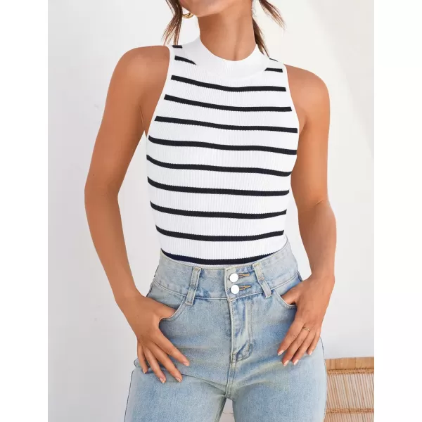 ZESICA Womens Ribbed Tank Tops High Neck Slim Fitted Striped Basic Casual Summer Sleeveless ShirtsWhite