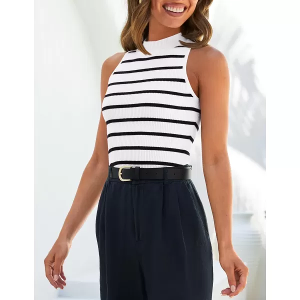 ZESICA Womens Ribbed Tank Tops High Neck Slim Fitted Striped Basic Casual Summer Sleeveless ShirtsWhite