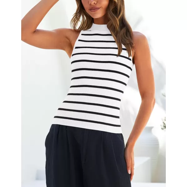 ZESICA Womens Ribbed Tank Tops High Neck Slim Fitted Striped Basic Casual Summer Sleeveless ShirtsWhite