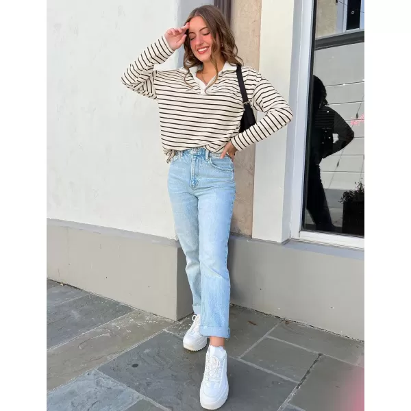 ZESICA Womens Striped Long Sleeve Shirts 2024 Casual V Neck Oversized Sweatshirt Loose Fit Tunic Tops Fall BlousesApricot