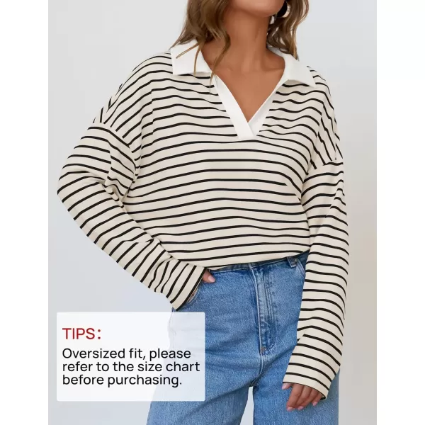 ZESICA Womens Striped Long Sleeve Shirts 2024 Casual V Neck Oversized Sweatshirt Loose Fit Tunic Tops Fall BlousesApricot