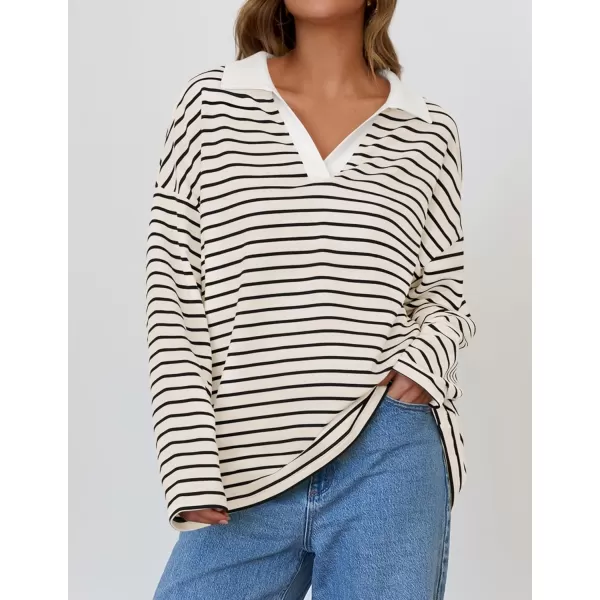 ZESICA Womens Striped Long Sleeve Shirts 2024 Casual V Neck Oversized Sweatshirt Loose Fit Tunic Tops Fall BlousesApricot