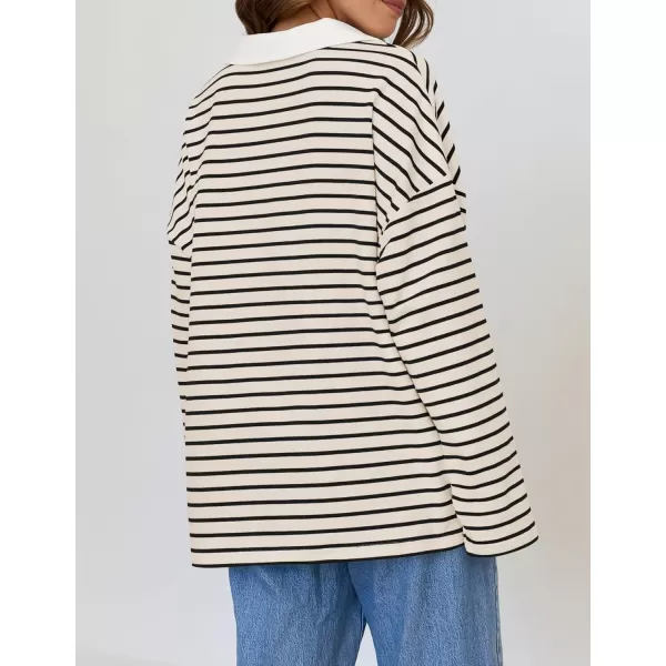 ZESICA Womens Striped Long Sleeve Shirts 2024 Casual V Neck Oversized Sweatshirt Loose Fit Tunic Tops Fall BlousesApricot
