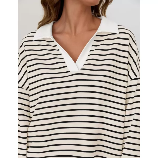 ZESICA Womens Striped Long Sleeve Shirts 2024 Casual V Neck Oversized Sweatshirt Loose Fit Tunic Tops Fall BlousesApricot