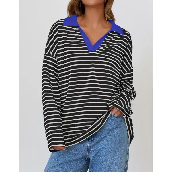 ZESICA Womens Striped Long Sleeve Shirts 2024 Casual V Neck Oversized Sweatshirt Loose Fit Tunic Tops Fall BlousesBlack