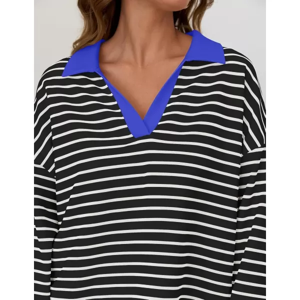 ZESICA Womens Striped Long Sleeve Shirts 2024 Casual V Neck Oversized Sweatshirt Loose Fit Tunic Tops Fall BlousesBlack