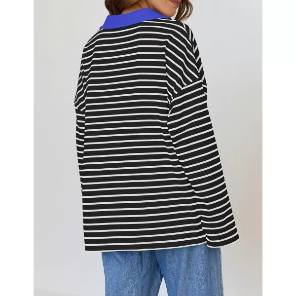 ZESICA Womens Striped Long Sleeve Shirts 2024 Casual V Neck Oversized Sweatshirt Loose Fit Tunic Tops Fall BlousesBlack