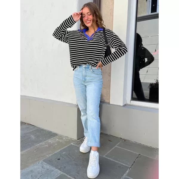 ZESICA Womens Striped Long Sleeve Shirts 2024 Casual V Neck Oversized Sweatshirt Loose Fit Tunic Tops Fall BlousesBlack