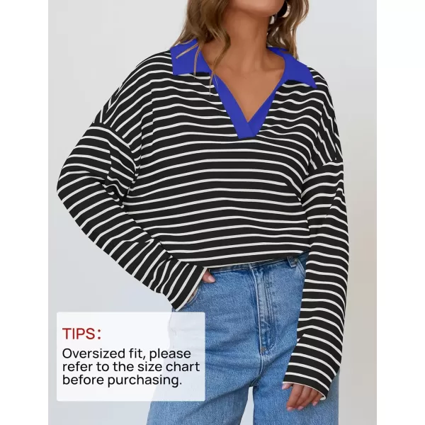 ZESICA Womens Striped Long Sleeve Shirts 2024 Casual V Neck Oversized Sweatshirt Loose Fit Tunic Tops Fall BlousesBlack