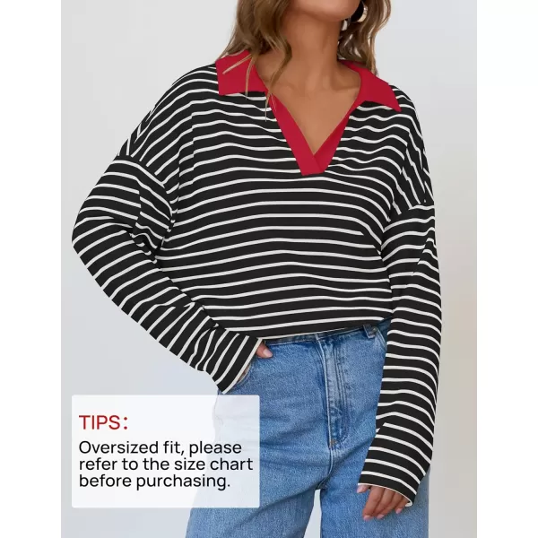 ZESICA Womens Striped Long Sleeve Shirts 2024 Casual V Neck Oversized Sweatshirt Loose Fit Tunic Tops Fall BlousesBlack Red