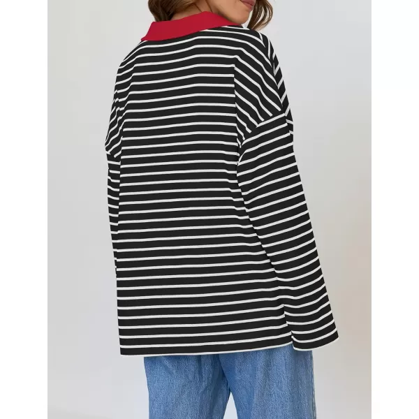 ZESICA Womens Striped Long Sleeve Shirts 2024 Casual V Neck Oversized Sweatshirt Loose Fit Tunic Tops Fall BlousesBlack Red