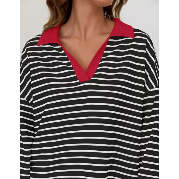 ZESICA Womens Striped Long Sleeve Shirts 2024 Casual V Neck Oversized Sweatshirt Loose Fit Tunic Tops Fall BlousesBlack Red
