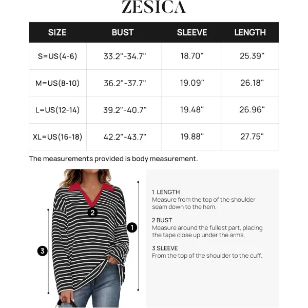 ZESICA Womens Striped Long Sleeve Shirts 2024 Casual V Neck Oversized Sweatshirt Loose Fit Tunic Tops Fall BlousesBlack Red