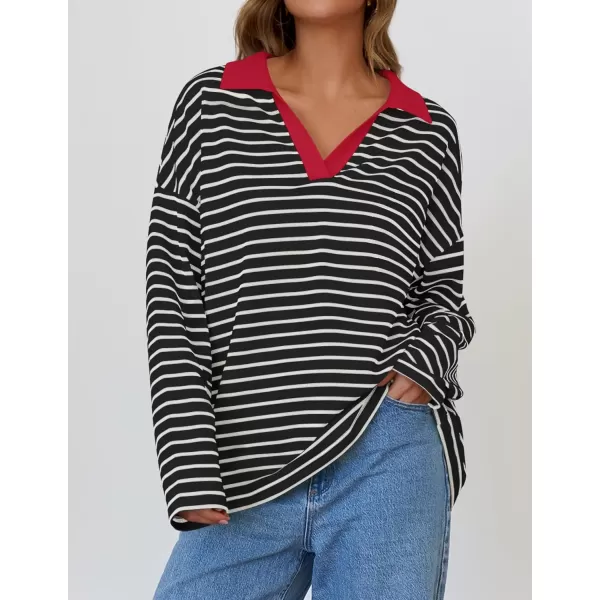 ZESICA Womens Striped Long Sleeve Shirts 2024 Casual V Neck Oversized Sweatshirt Loose Fit Tunic Tops Fall BlousesBlack Red