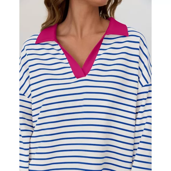 ZESICA Womens Striped Long Sleeve Shirts 2024 Casual V Neck Oversized Sweatshirt Loose Fit Tunic Tops Fall BlousesBlue
