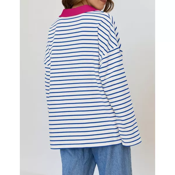 ZESICA Womens Striped Long Sleeve Shirts 2024 Casual V Neck Oversized Sweatshirt Loose Fit Tunic Tops Fall BlousesBlue