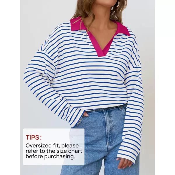 ZESICA Womens Striped Long Sleeve Shirts 2024 Casual V Neck Oversized Sweatshirt Loose Fit Tunic Tops Fall BlousesBlue
