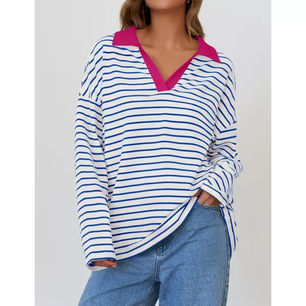 ZESICA Womens Striped Long Sleeve Shirts 2024 Casual V Neck Oversized Sweatshirt Loose Fit Tunic Tops Fall BlousesBlue