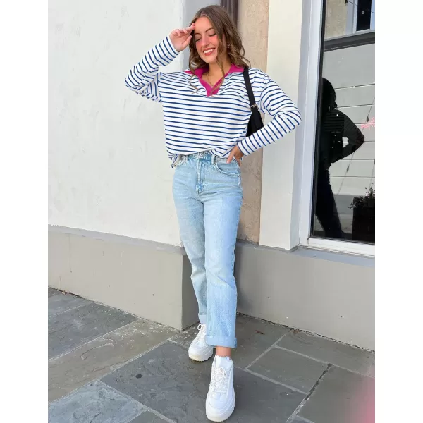 ZESICA Womens Striped Long Sleeve Shirts 2024 Casual V Neck Oversized Sweatshirt Loose Fit Tunic Tops Fall BlousesBlue