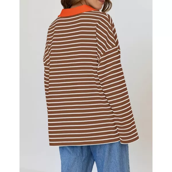 ZESICA Womens Striped Long Sleeve Shirts 2024 Casual V Neck Oversized Sweatshirt Loose Fit Tunic Tops Fall BlousesBrown