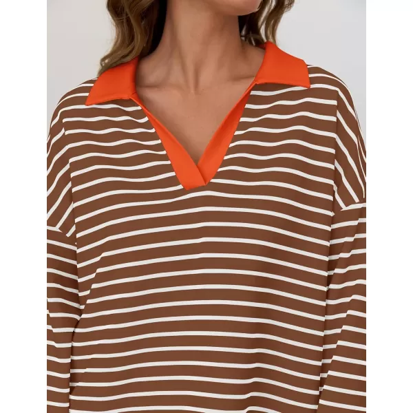 ZESICA Womens Striped Long Sleeve Shirts 2024 Casual V Neck Oversized Sweatshirt Loose Fit Tunic Tops Fall BlousesBrown