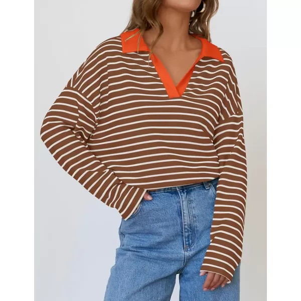 ZESICA Womens Striped Long Sleeve Shirts 2024 Casual V Neck Oversized Sweatshirt Loose Fit Tunic Tops Fall BlousesBrown