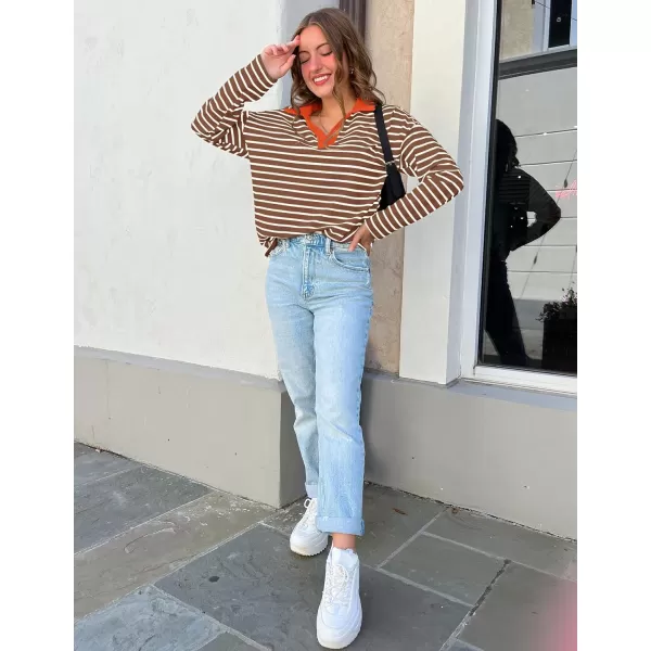 ZESICA Womens Striped Long Sleeve Shirts 2024 Casual V Neck Oversized Sweatshirt Loose Fit Tunic Tops Fall BlousesBrown