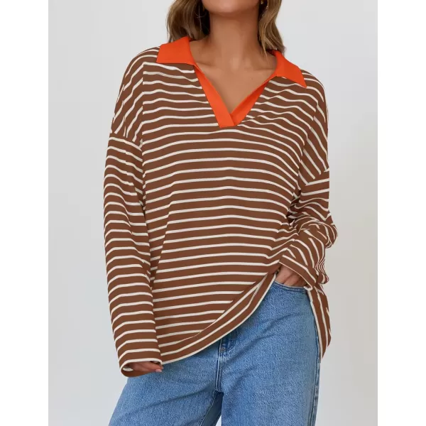 ZESICA Womens Striped Long Sleeve Shirts 2024 Casual V Neck Oversized Sweatshirt Loose Fit Tunic Tops Fall BlousesBrown