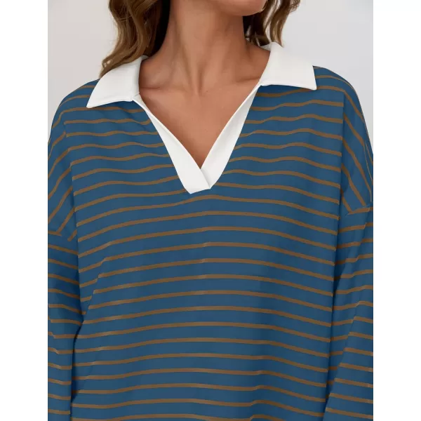 ZESICA Womens Striped Long Sleeve Shirts 2024 Casual V Neck Oversized Sweatshirt Loose Fit Tunic Tops Fall BlousesDarkblue