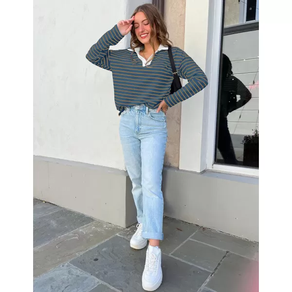 ZESICA Womens Striped Long Sleeve Shirts 2024 Casual V Neck Oversized Sweatshirt Loose Fit Tunic Tops Fall BlousesDarkblue