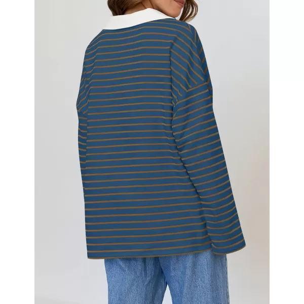 ZESICA Womens Striped Long Sleeve Shirts 2024 Casual V Neck Oversized Sweatshirt Loose Fit Tunic Tops Fall BlousesDarkblue