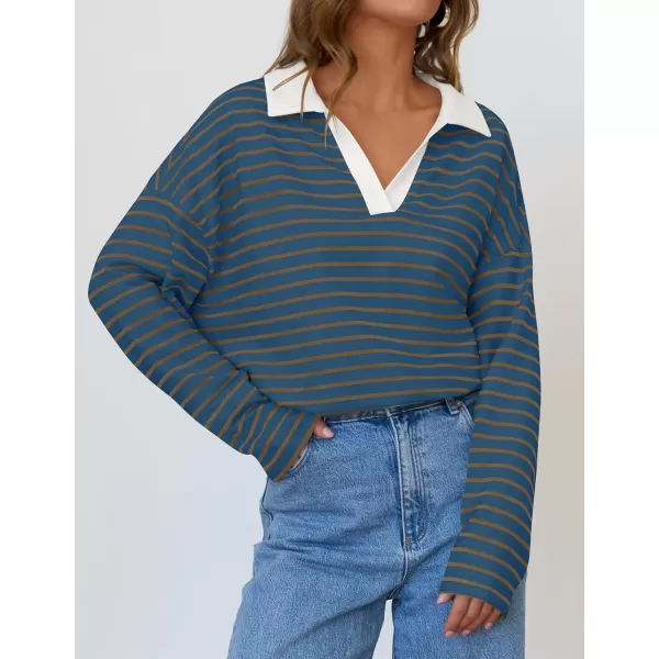 ZESICA Womens Striped Long Sleeve Shirts 2024 Casual V Neck Oversized Sweatshirt Loose Fit Tunic Tops Fall BlousesDarkblue