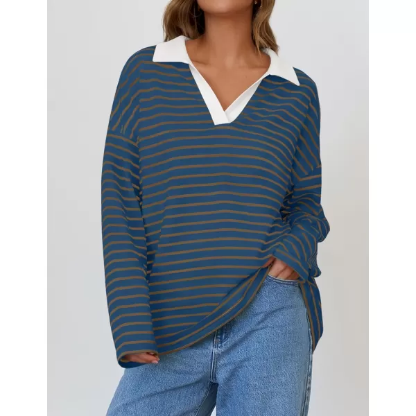 ZESICA Womens Striped Long Sleeve Shirts 2024 Casual V Neck Oversized Sweatshirt Loose Fit Tunic Tops Fall BlousesDarkblue