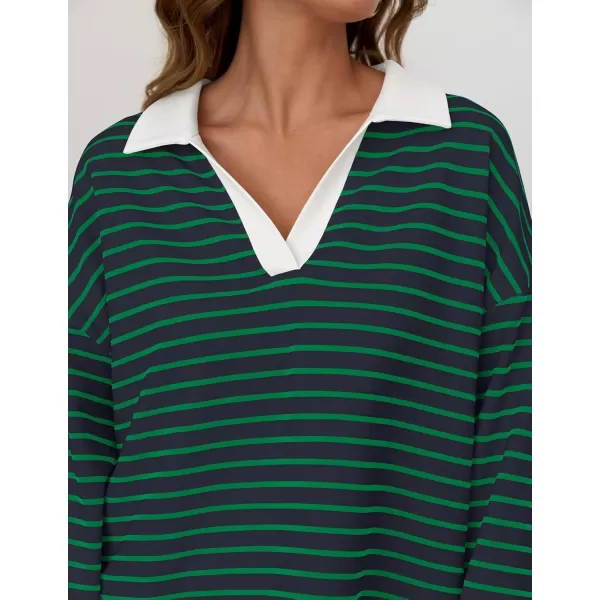 ZESICA Womens Striped Long Sleeve Shirts 2024 Casual V Neck Oversized Sweatshirt Loose Fit Tunic Tops Fall BlousesDarkgreen
