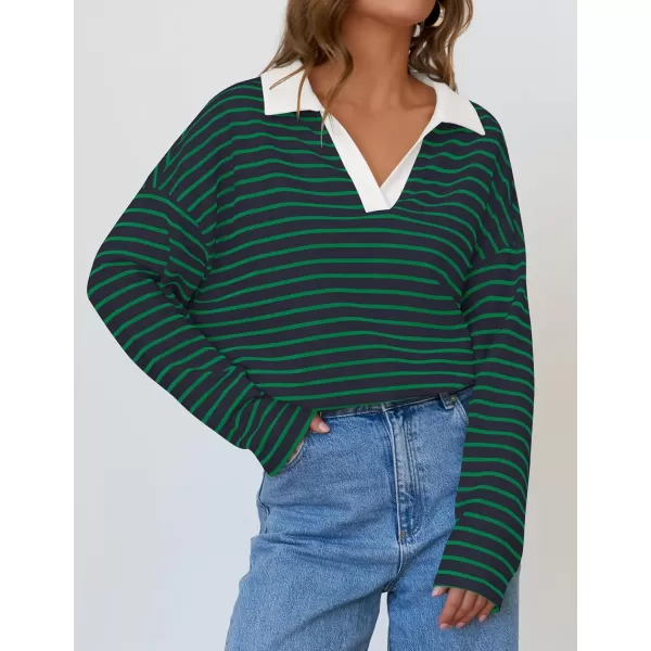 ZESICA Womens Striped Long Sleeve Shirts 2024 Casual V Neck Oversized Sweatshirt Loose Fit Tunic Tops Fall BlousesDarkgreen