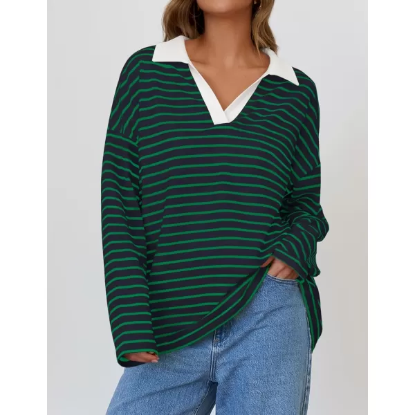 ZESICA Womens Striped Long Sleeve Shirts 2024 Casual V Neck Oversized Sweatshirt Loose Fit Tunic Tops Fall BlousesDarkgreen