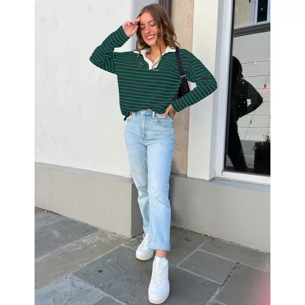 ZESICA Womens Striped Long Sleeve Shirts 2024 Casual V Neck Oversized Sweatshirt Loose Fit Tunic Tops Fall BlousesDarkgreen