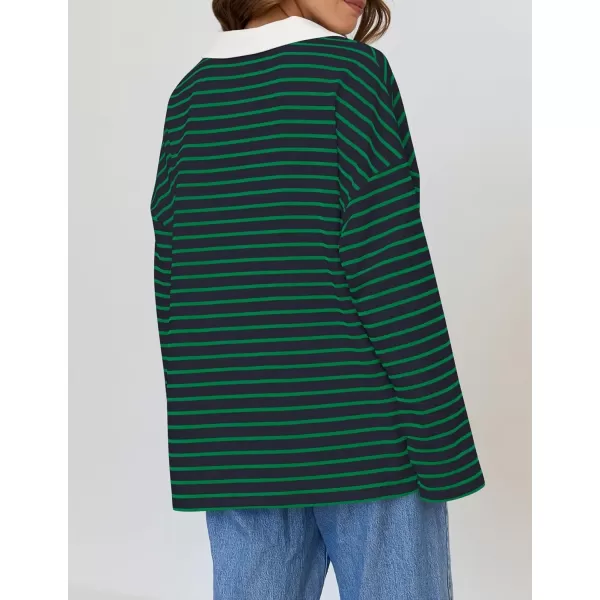 ZESICA Womens Striped Long Sleeve Shirts 2024 Casual V Neck Oversized Sweatshirt Loose Fit Tunic Tops Fall BlousesDarkgreen
