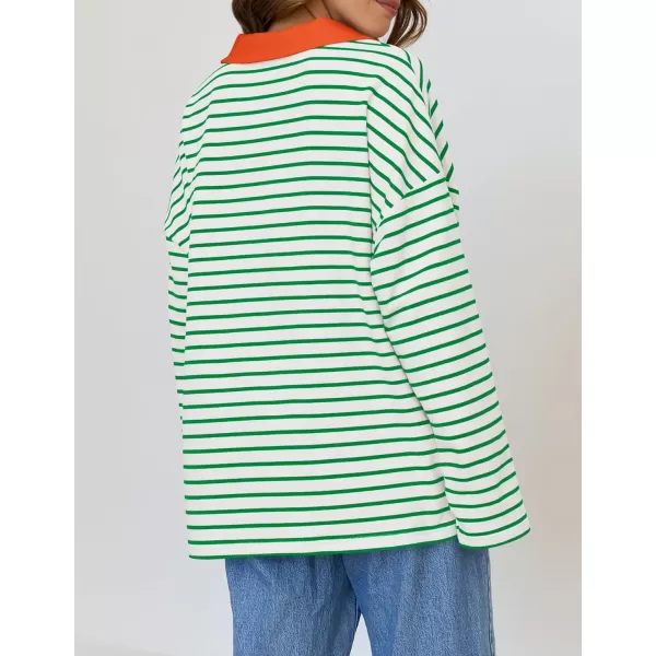 ZESICA Womens Striped Long Sleeve Shirts 2024 Casual V Neck Oversized Sweatshirt Loose Fit Tunic Tops Fall BlousesGreen