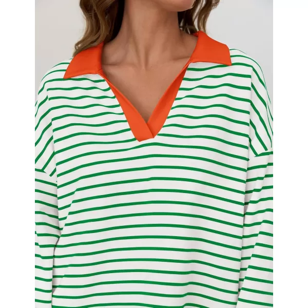 ZESICA Womens Striped Long Sleeve Shirts 2024 Casual V Neck Oversized Sweatshirt Loose Fit Tunic Tops Fall BlousesGreen