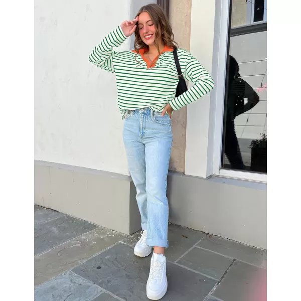 ZESICA Womens Striped Long Sleeve Shirts 2024 Casual V Neck Oversized Sweatshirt Loose Fit Tunic Tops Fall BlousesGreen