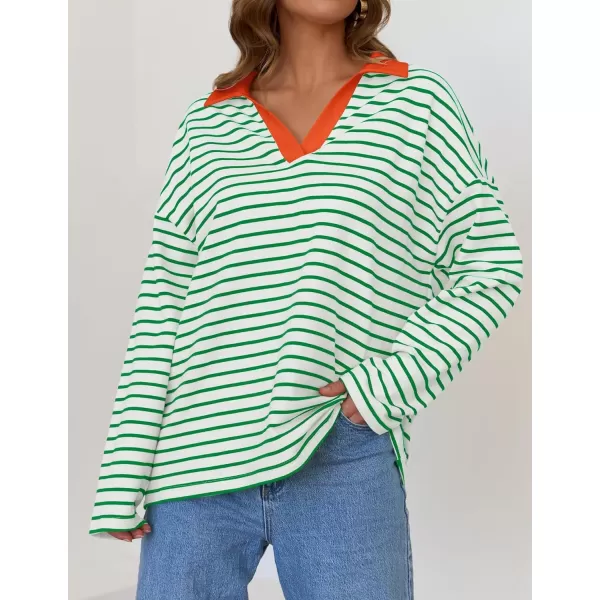 ZESICA Womens Striped Long Sleeve Shirts 2024 Casual V Neck Oversized Sweatshirt Loose Fit Tunic Tops Fall BlousesGreen