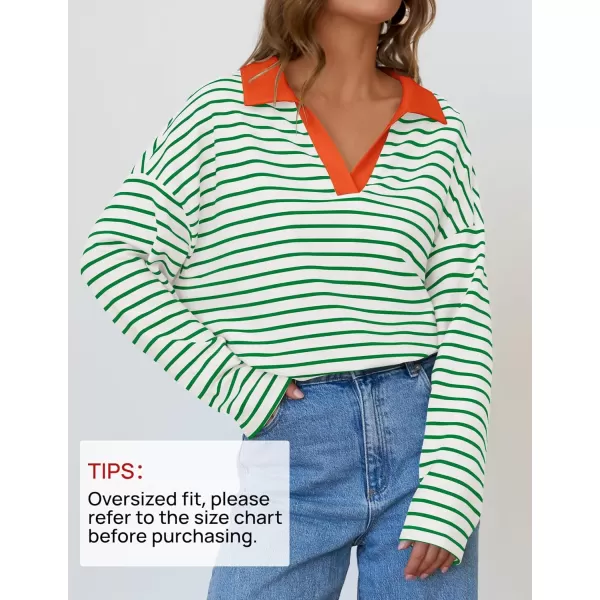 ZESICA Womens Striped Long Sleeve Shirts 2024 Casual V Neck Oversized Sweatshirt Loose Fit Tunic Tops Fall BlousesGreen