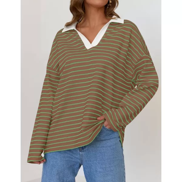 ZESICA Womens Striped Long Sleeve Shirts 2024 Casual V Neck Oversized Sweatshirt Loose Fit Tunic Tops Fall BlousesKhaki