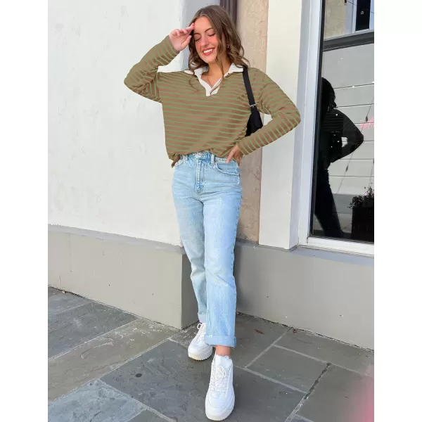 ZESICA Womens Striped Long Sleeve Shirts 2024 Casual V Neck Oversized Sweatshirt Loose Fit Tunic Tops Fall BlousesKhaki