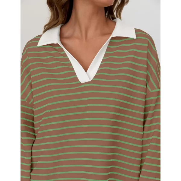 ZESICA Womens Striped Long Sleeve Shirts 2024 Casual V Neck Oversized Sweatshirt Loose Fit Tunic Tops Fall BlousesKhaki