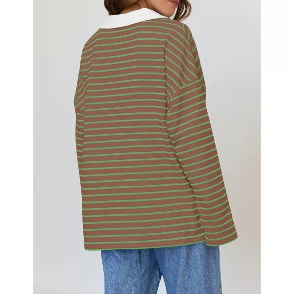 ZESICA Womens Striped Long Sleeve Shirts 2024 Casual V Neck Oversized Sweatshirt Loose Fit Tunic Tops Fall BlousesKhaki
