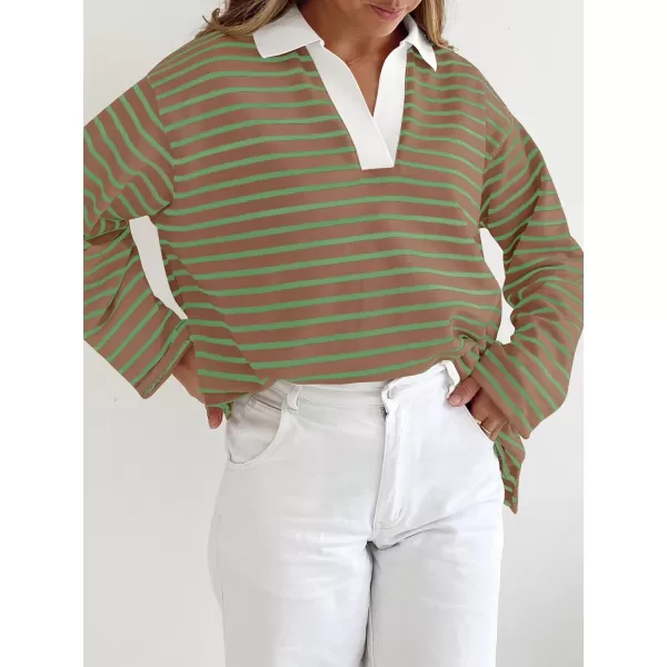 ZESICA Womens Striped Long Sleeve Shirts 2024 Casual V Neck Oversized Sweatshirt Loose Fit Tunic Tops Fall BlousesKhaki