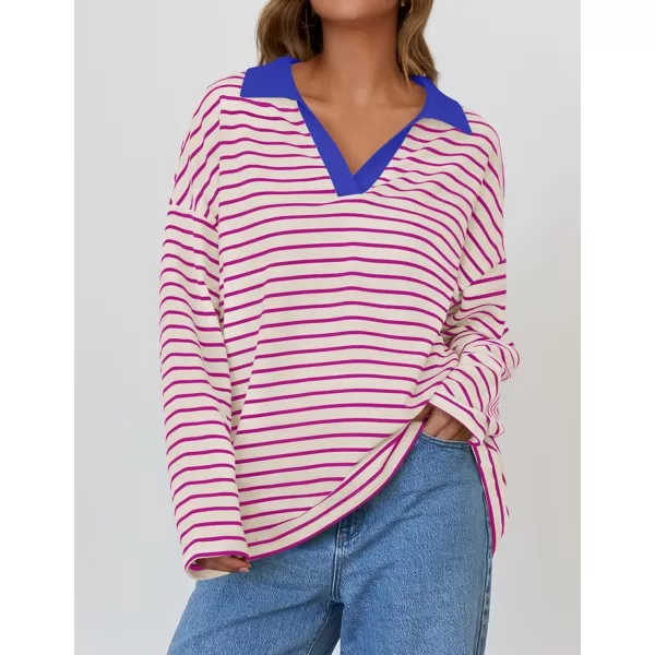 ZESICA Womens Striped Long Sleeve Shirts 2024 Casual V Neck Oversized Sweatshirt Loose Fit Tunic Tops Fall BlousesRose