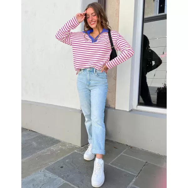 ZESICA Womens Striped Long Sleeve Shirts 2024 Casual V Neck Oversized Sweatshirt Loose Fit Tunic Tops Fall BlousesRose